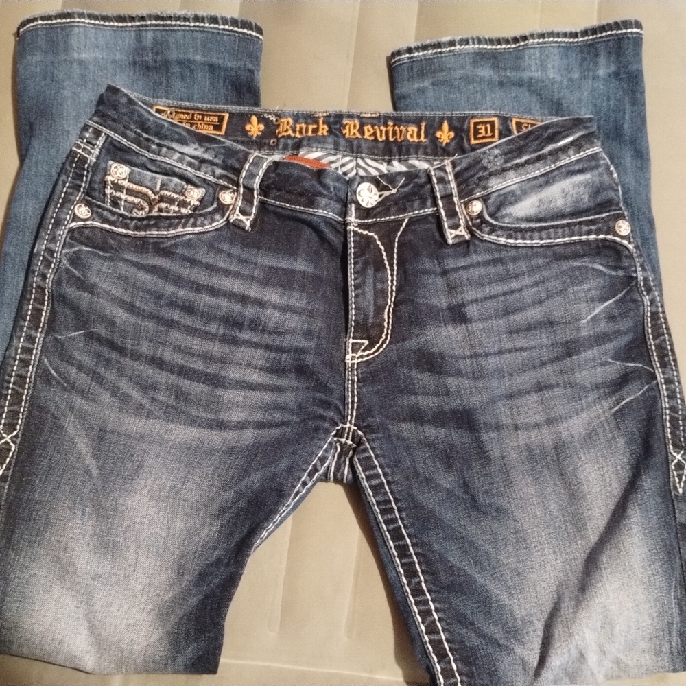 Rock Revival, women's size 31 average, dark blue faded look, Clover Boot likenew